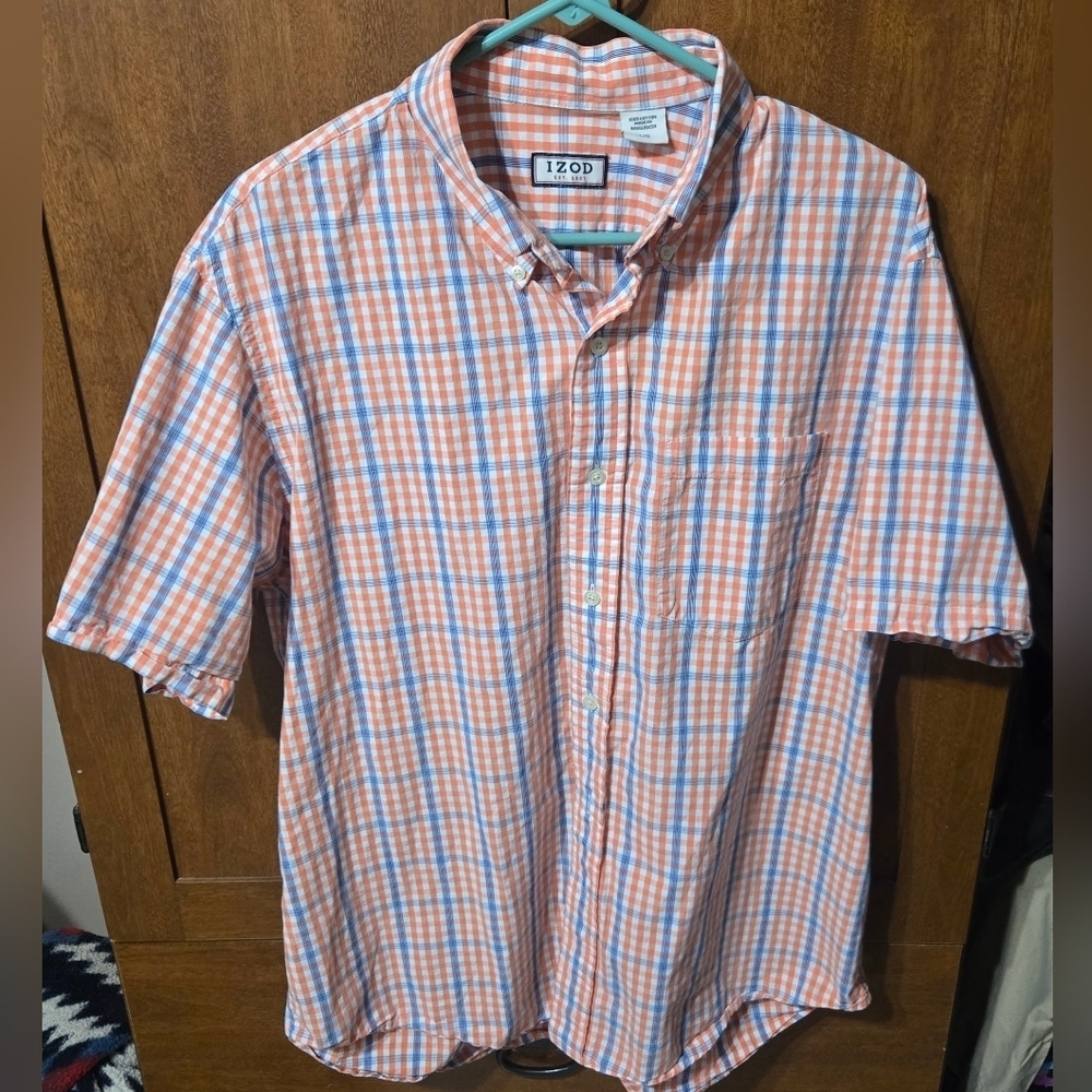 IZOD Men's Orange and Blue Plaid Shirt
